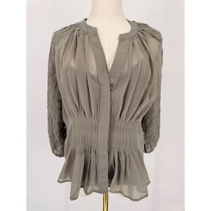 French Connection Elegant Gray Sheer Peplum Blouse‎ Smocked Sleeve V Neck